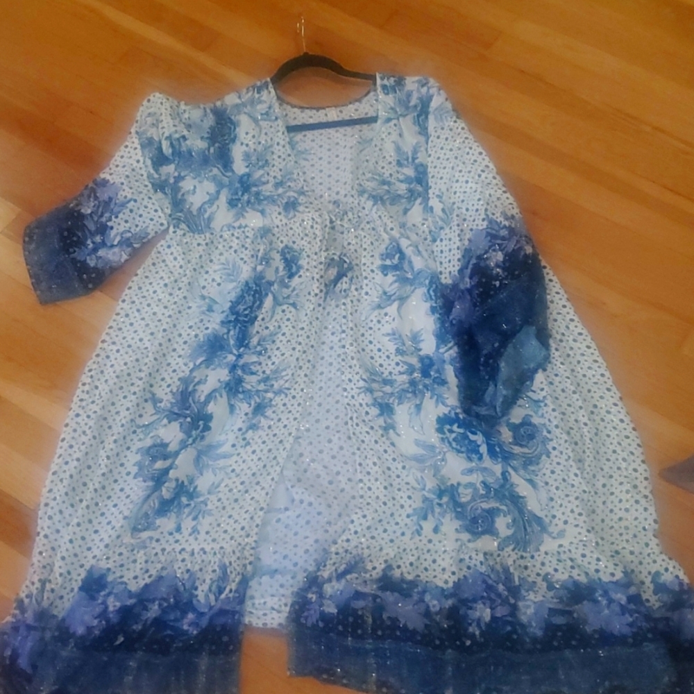 New Free People Antoinette Robe and Pants Blue and White bohemian pattern w/gold